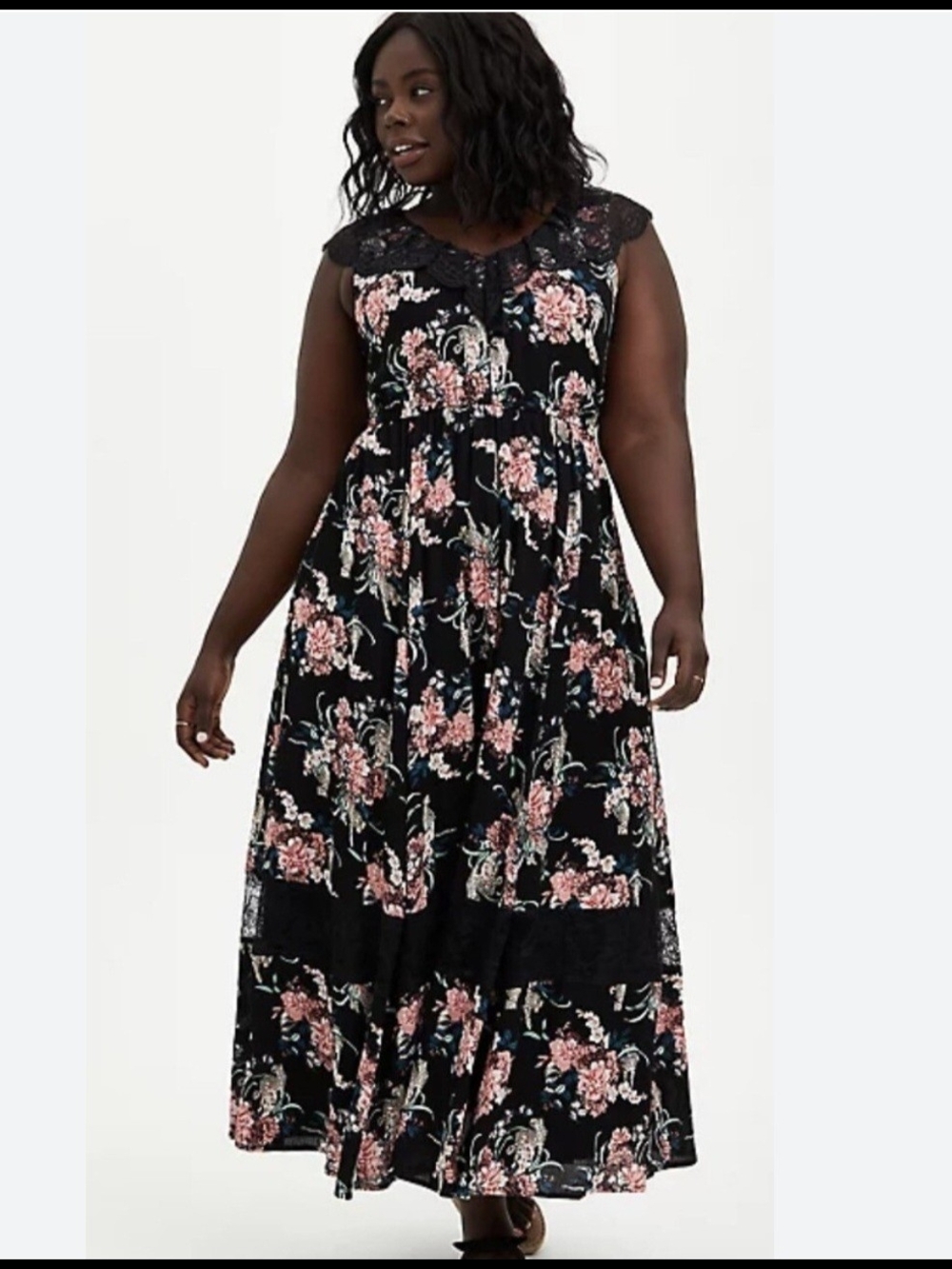 torrid Black Maxi Dress with Pink Floral Print & Lace Trim